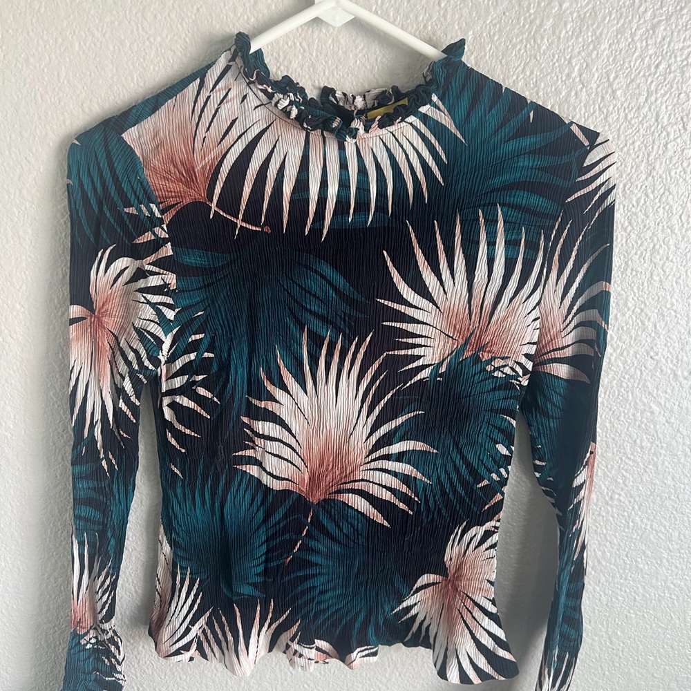 Silk Catherine Malandrino Floral Print Long Sleeve Top Teal & Blush